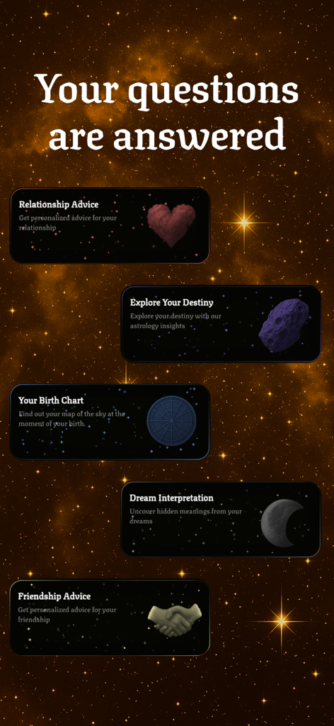 Universe AI: Soulmate Drawing - Interface of Universe AI app showing features for relationship advice birth charts and dream interpretation against a cosmic background