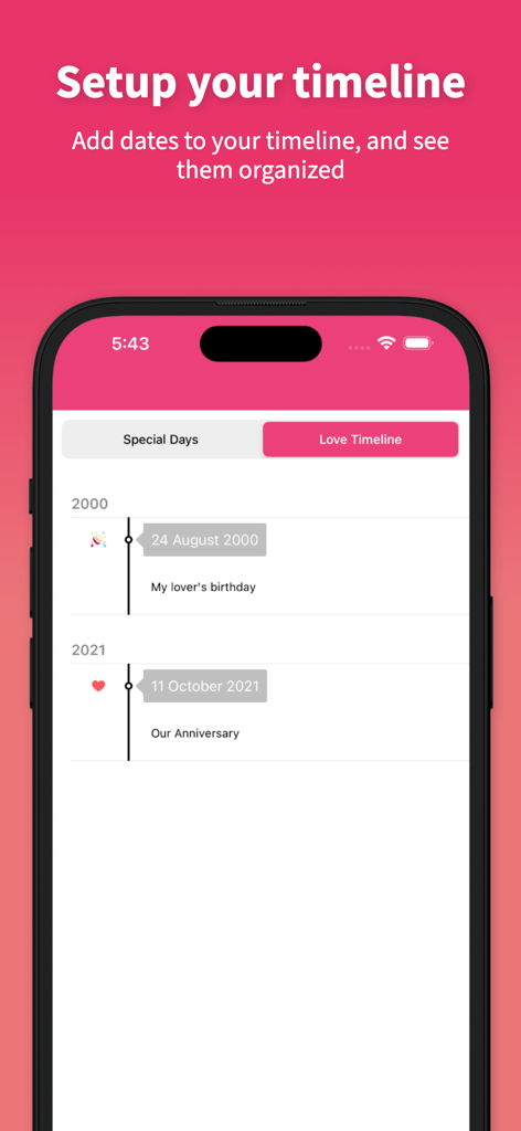My Love Anniversary Tracker - A relationship timeline screen showing important dates like birthdays and anniversaries in a chronological list.