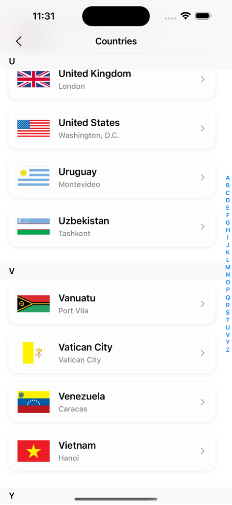Learn Geography: AV Countries - Uma lista de países do mundo com bandeiras e capitais no aplicativo Aprenda Geografia Países AV.