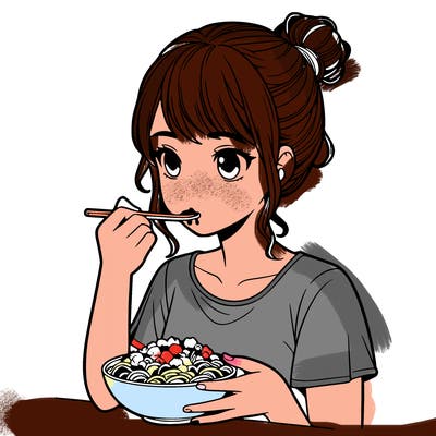 a realistic girl, eating food