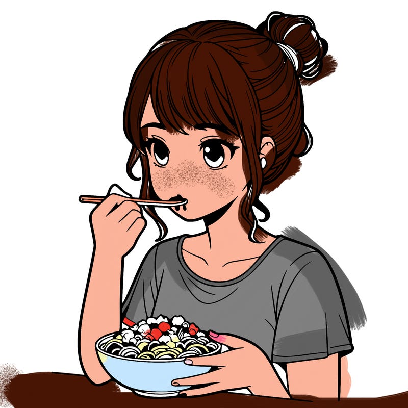 a realistic girl, eating food