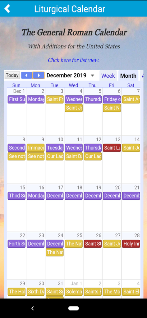 Liturgical Calendar screen within the My Catholic Life app showing feast days and liturgical dates for December