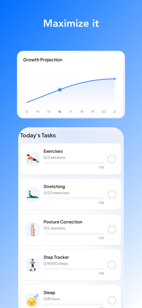 GoRise - Increase Your Height - GoRise app dashboard showing a height growth projection chart and daily health tasks for posture and exercise.