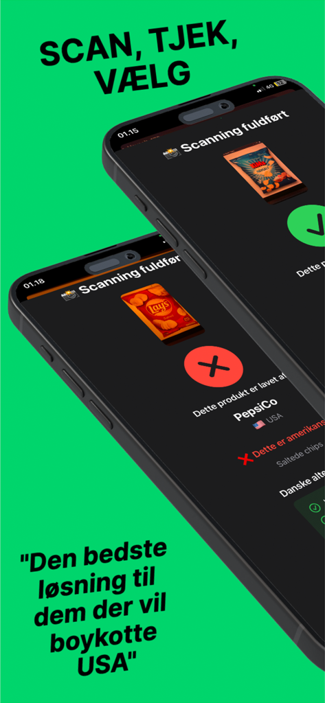 Zwei Smartphones, die die Benutzeroberfläche der UdenUSA-App anzeigen, welche Produktetiketten scannt, um amerikanische Ursprünge zu identifizieren und dänische Alternativen vorschlägt