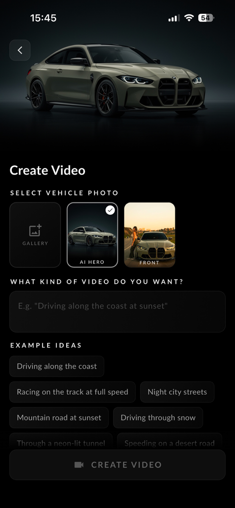 Car Modification AI - Carpeak - Interfaz de usuario de la aplicación Carpeak para crear vídeos de coches con IA con indicaciones personalizadas y selección de fotos