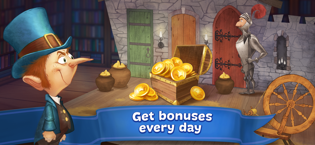Fairy tale character looking at a treasure chest of gold coins for daily bonuses