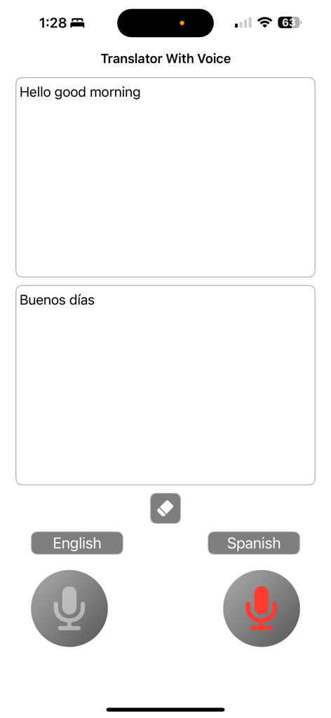 Translator with Voice - User interface of the Translator with Voice app displaying an English to Spanish translation