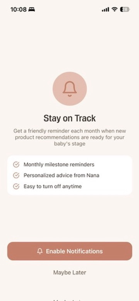 Nana Baby App - Nana Baby App notification setup screen for monthly milestone reminders and personalized advice.