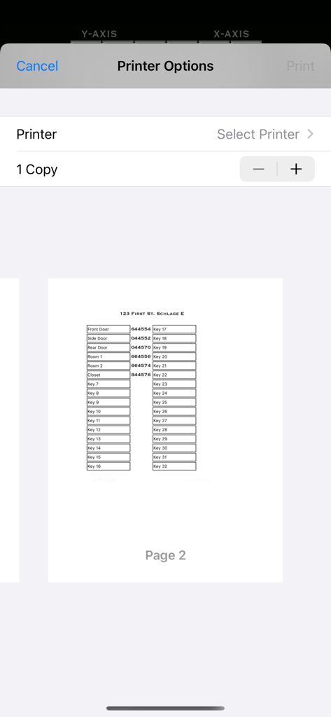 Master It app printer options showing a generated key bitting list preview