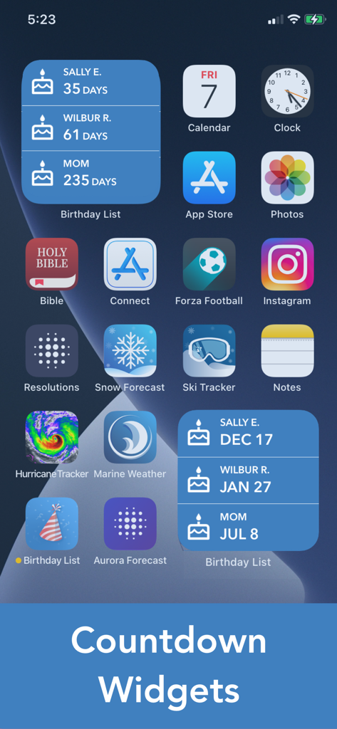 Birthday Countdown & Gift List - 가족과 친구를 위한 생일 카운트다운 및 날짜 위젯을 보여주는 iPhone 홈 화면