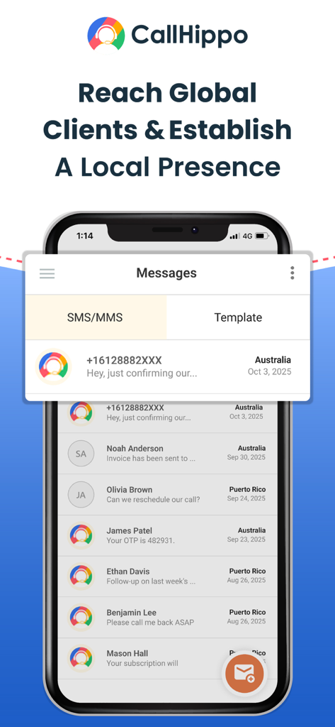 CallHippo - CallHippo mobile app interface showing a list of business messages from international clients