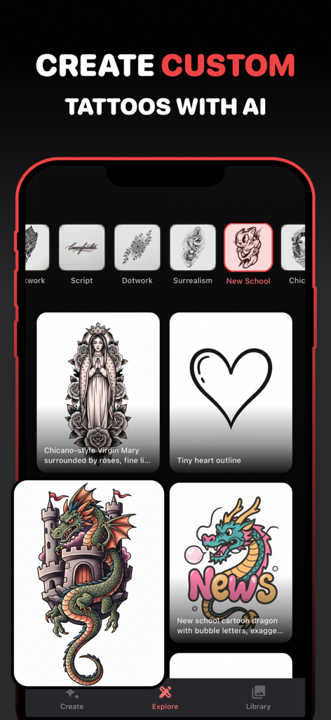 Tattoo Design & Ideas: Tattrix - Interfaz de aplicación móvil que muestra diseños de tatuajes generados por IA en estilos como New School y Chicano