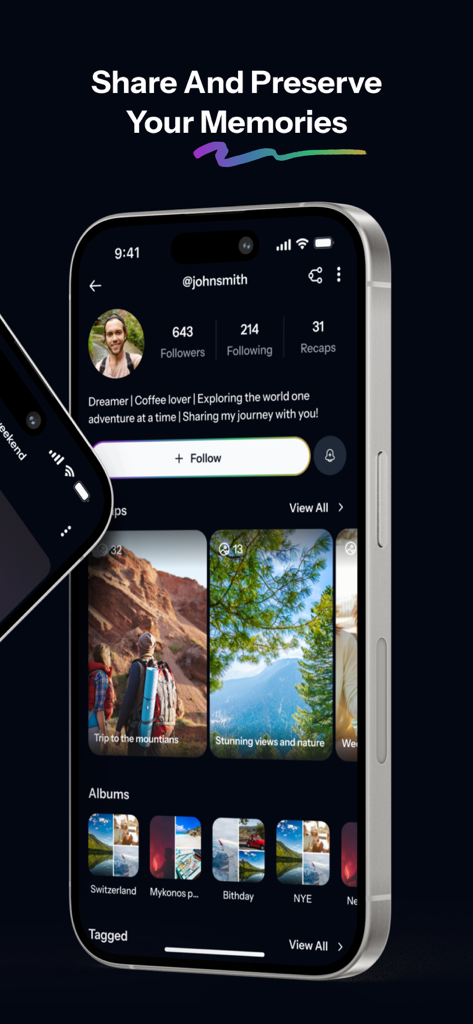 Recap: Relive Your Memories - iPhone screen displaying the Recap app user profile with photo albums and memory highlights