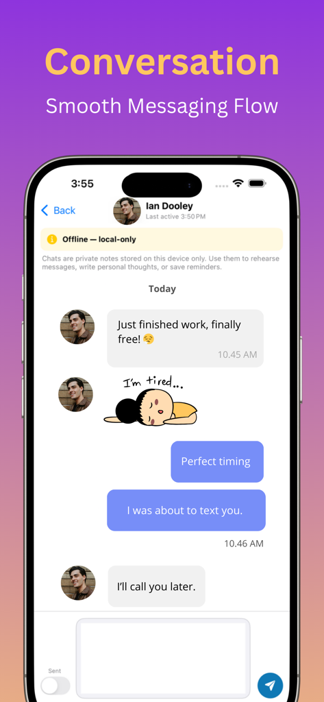 New Connect+ - A private offline chat screen in the New Connect plus app showing message bubbles and contact details
