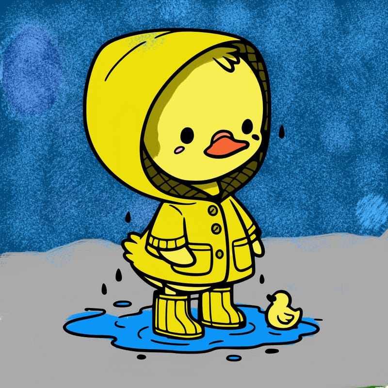 baby duck in a rain coat and boots, in a puddle while it’s raining
