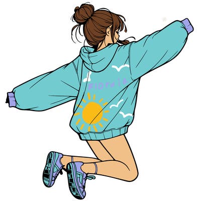 realistic girl jumping with a bun and oversized sweatshirt