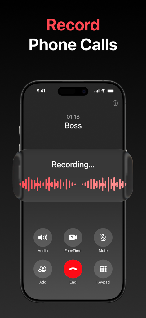 Call Recorder ™ Record Phone - 録音波形オーバーレイで通話中にアクティブなCall Recorderアプリを示すiPhoneスクリーンショット