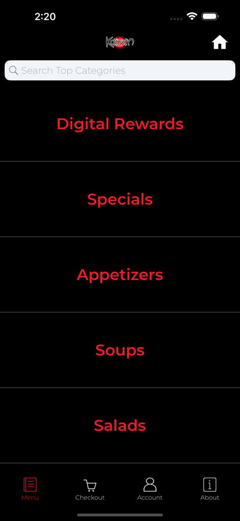 Kaizan Sushi - Main menu of the Kaizan Sushi mobile app featuring categories like digital rewards, specials, appetizers, soups, and salads