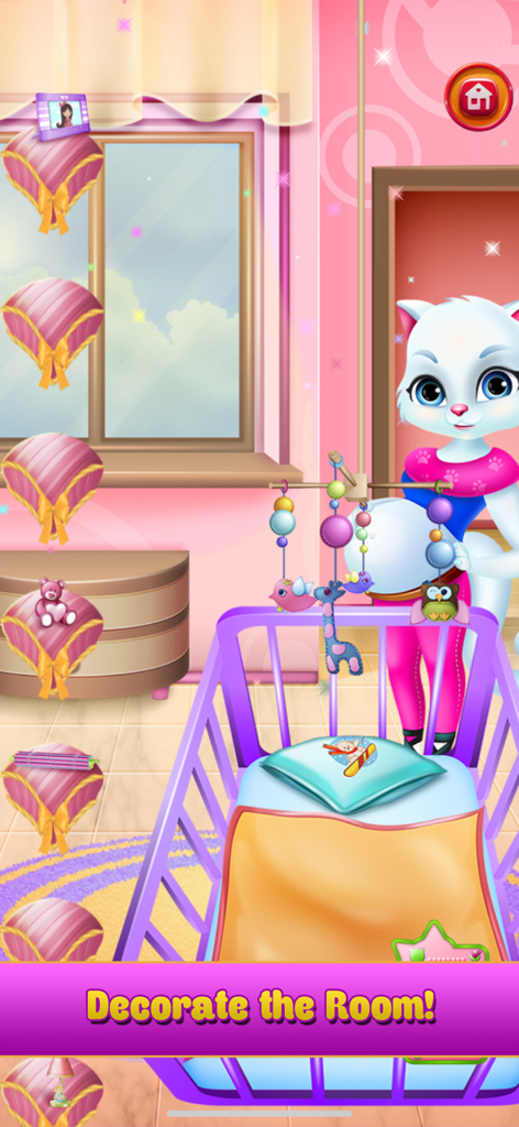 보육실 장식 장면에서 보라색 아기 침대 옆에 서 있는 임신한 흰 고양이.