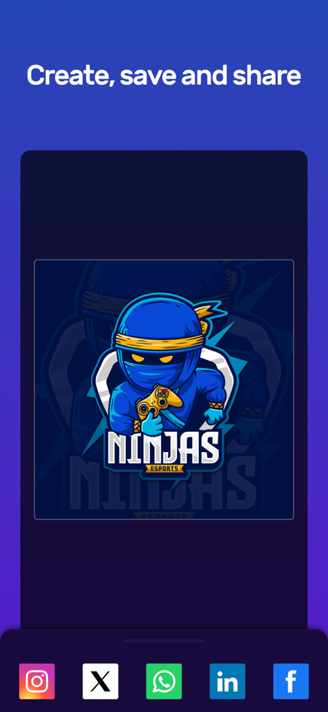 Gaming Logo Esport Maker - A blue ninja esports logo shown with social media share icons