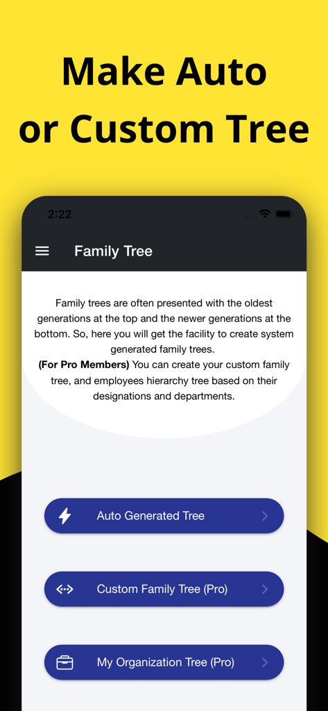 ClansRoot - Family Tree Maker - ClansRoot app interface with auto and custom family tree creation options