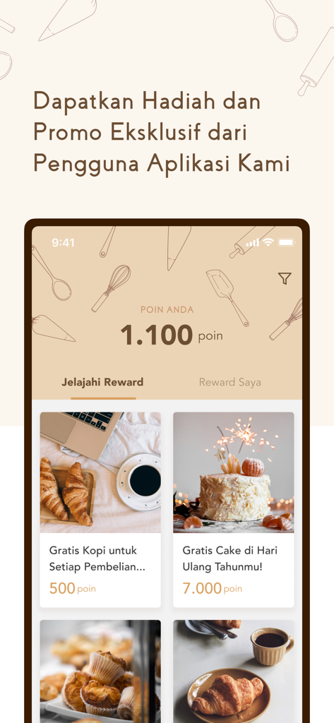 Capital Bakery - Capital Bakery app loyalty rewards screen showing accumulated points and offers for free coffee and birthday cakes