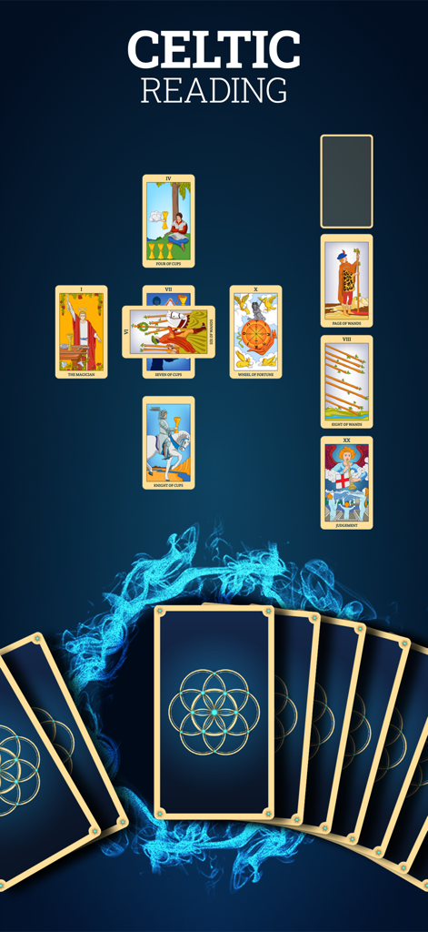A mobile app screen displaying a Celtic Cross tarot card reading with a mystical blue aura theme.