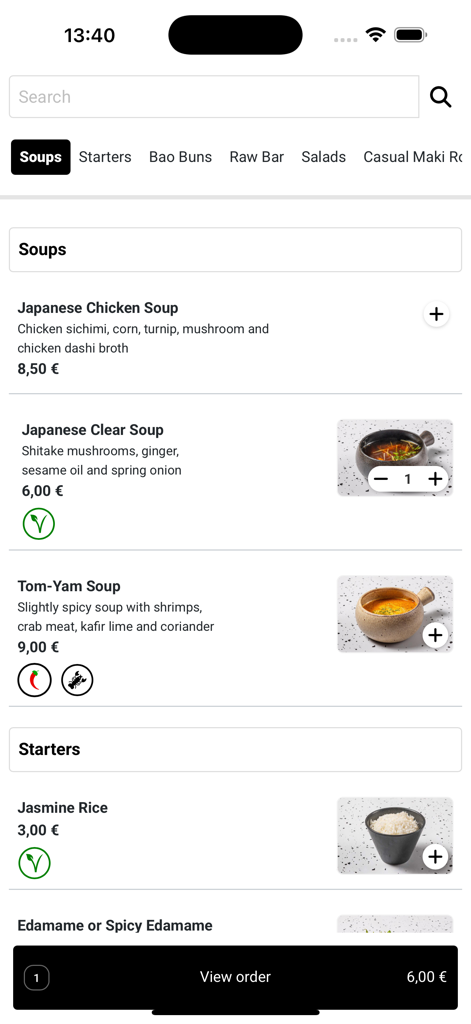 Kenko Food & Deli - Kenko Food and Deli mobile app screen showing a curated menu of Japanese soups and starters