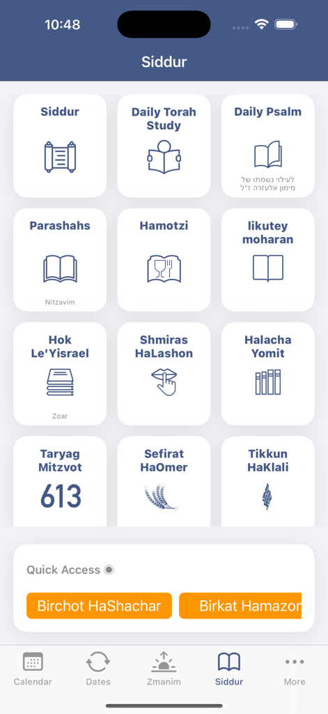 Hebrew Calendar app interface showing the Siddur menu with various Jewish prayer and study tools