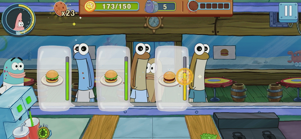 SpongeBob: Get Cooking - SpongeBob Get Cooking gameplay showing fish customers ordering burgers in a restaurant