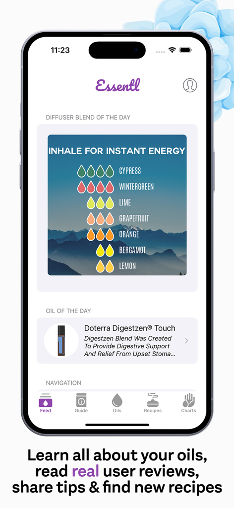 doTERRA Essential Oil Guide - Écran d'accueil de l'application Essentl présentant une recette quotidienne de mélange diffuseur et un guide des huiles essentielles.