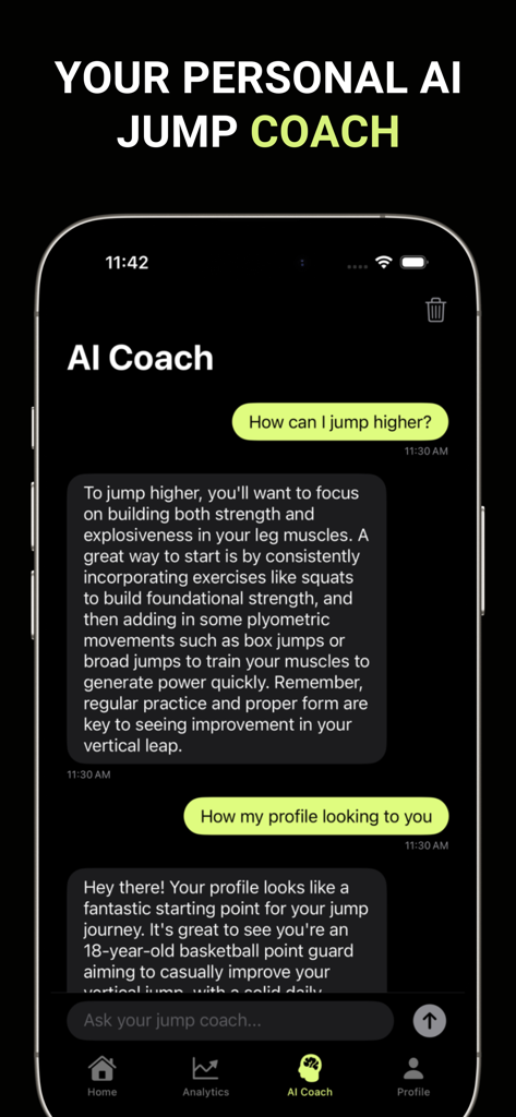 Jump Higher AI – Jump Tracker - Interfaz de la aplicación Jump Higher AI mostrando el chat del Entrenador de IA dando consejos sobre el entrenamiento de salto vertical.