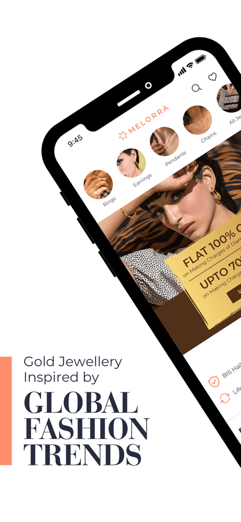 Interfaz de la aplicación móvil Melorra que muestra joyería de oro inspirada en tendencias de moda globales.