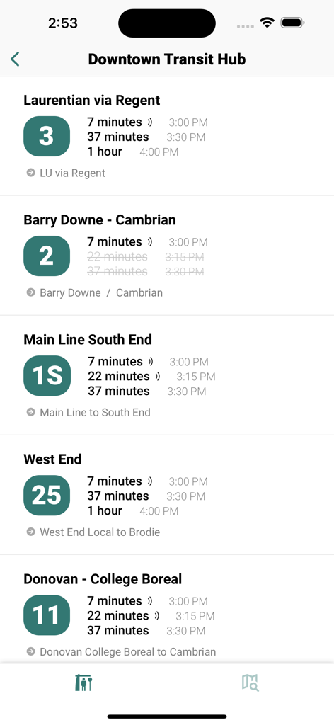 Sudbury Transit (GOVA) - Sudbury Transit GOVA app showing real time bus departures from the Downtown Transit Hub