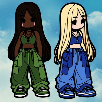 girl in baggy pants crop top and long hair