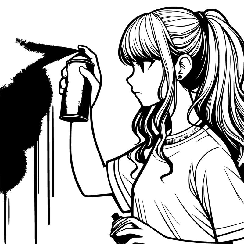 teenage girl spray painting wall black and white realistic