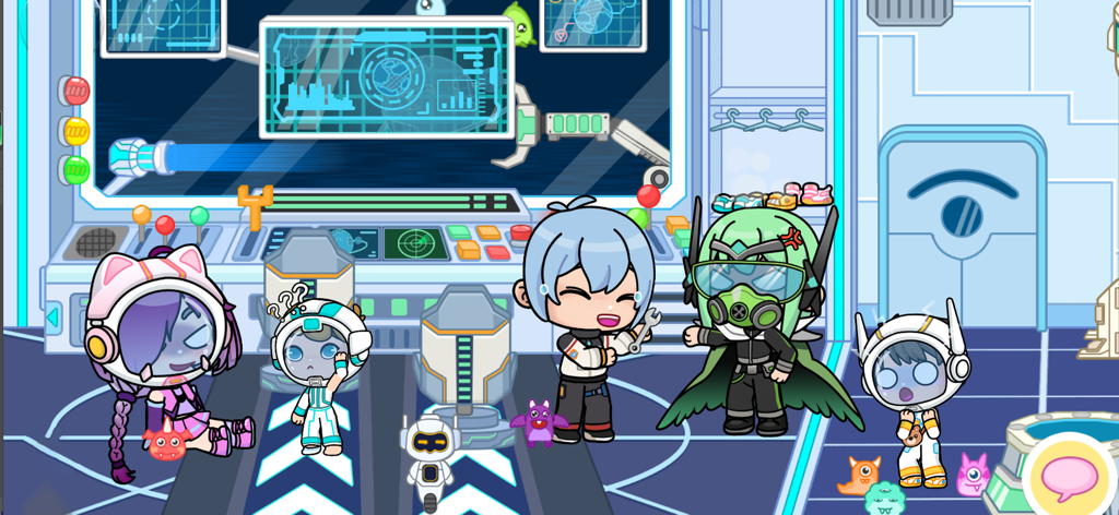 Super City2:Tut Life World - Personajes de dibujos animados en una sala de control futurista de una estación espacial de Super City 2