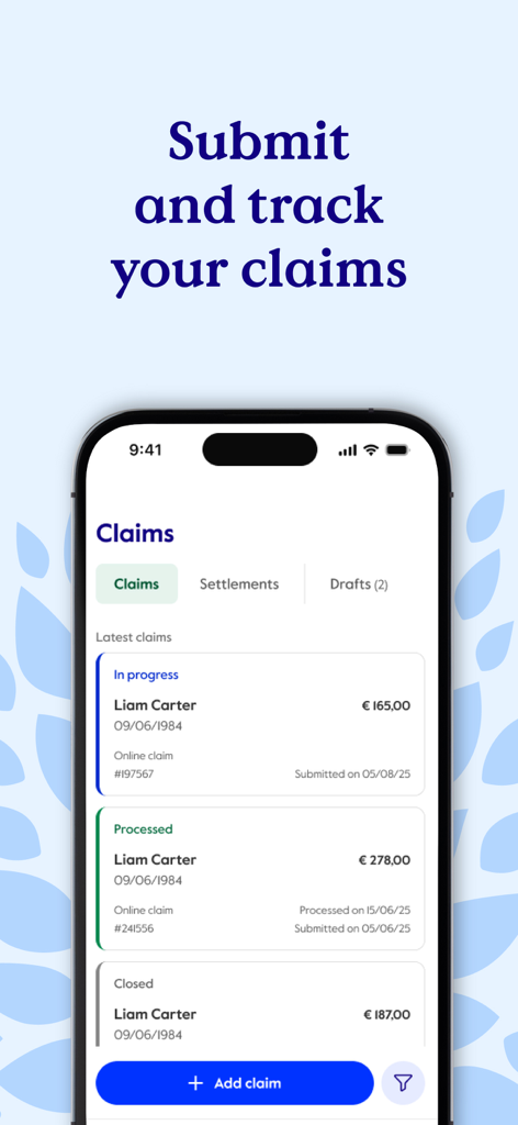Interface do aplicativo móvel Cigna Health Benefits mostrando o status de pedidos de reembolso médicos, incluindo em andamento, processados e fechados.