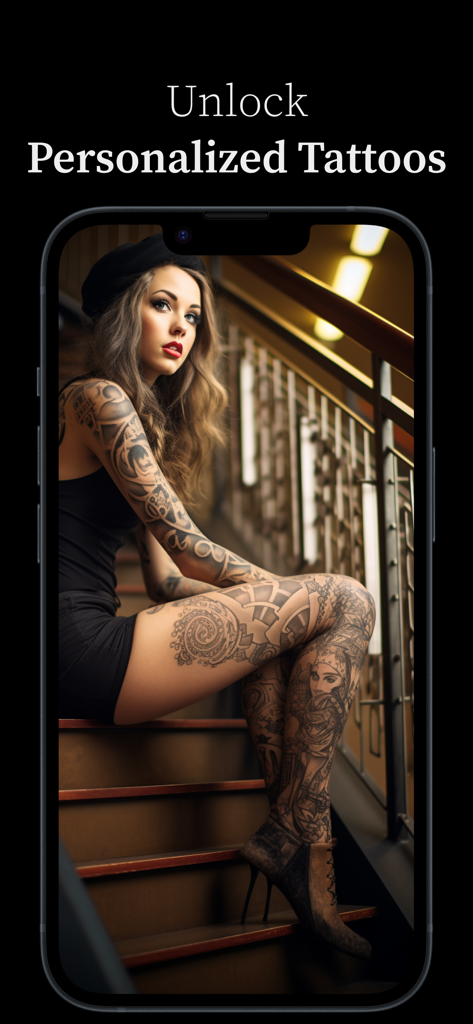 Uma mulher com tatuagens artísticas de manga e perna exibidas em uma tela de smartphone com o título Desbloqueie Tatuagens Personalizadas