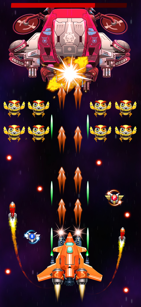 Galaxy Attack: Alien Invaders - Orange spaceship fighting a giant pink boss and alien chickens in space