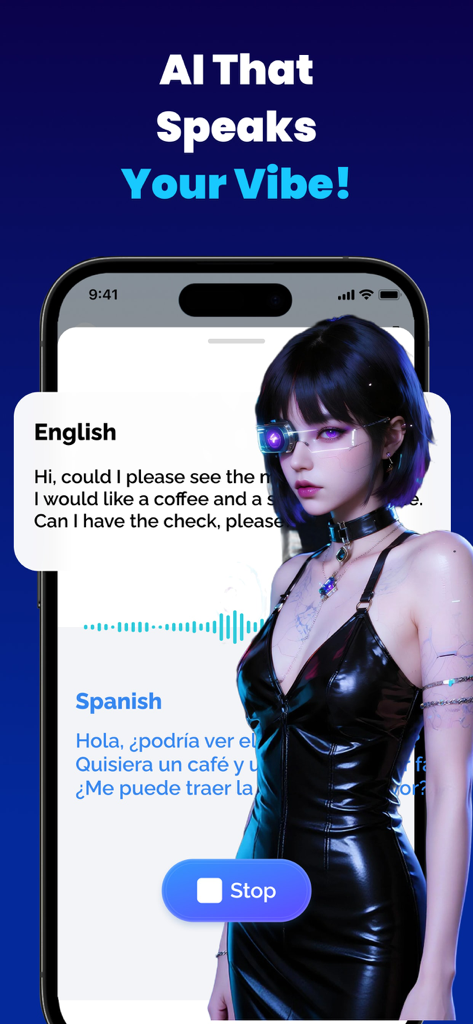 Real-time voice translator app showing an English to Spanish translation with a cyberpunk AI avatar on a smartphone screen.