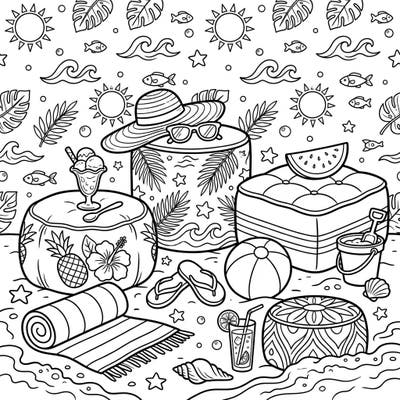 Get ready for a vibrant summer getaway with this unique coloring page! Discover a fun beach scene featuring comfy ottomans and poufs amidst tropical delights and sunshine.