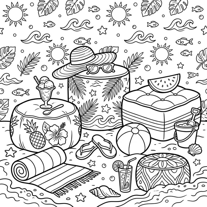 Get ready for a vibrant summer getaway with this unique coloring page! Discover a fun beach scene featuring comfy ottomans and poufs amidst tropical delights and sunshine.