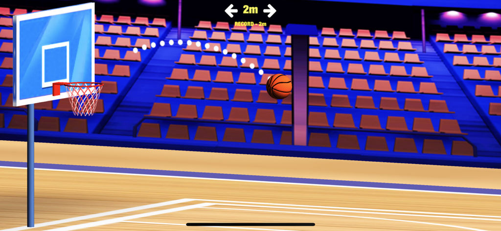 Basketball Shooting Game: Dunk - Modo de distancia del juego de baloncesto que muestra la trayectoria del balón y un récord de 2 metros en un estadio