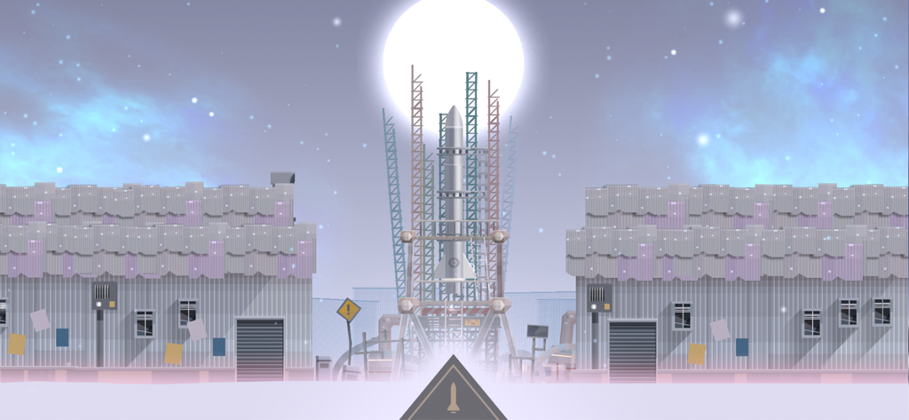 A rocket on a launchpad under a massive full moon in a snowy industrial landscape.