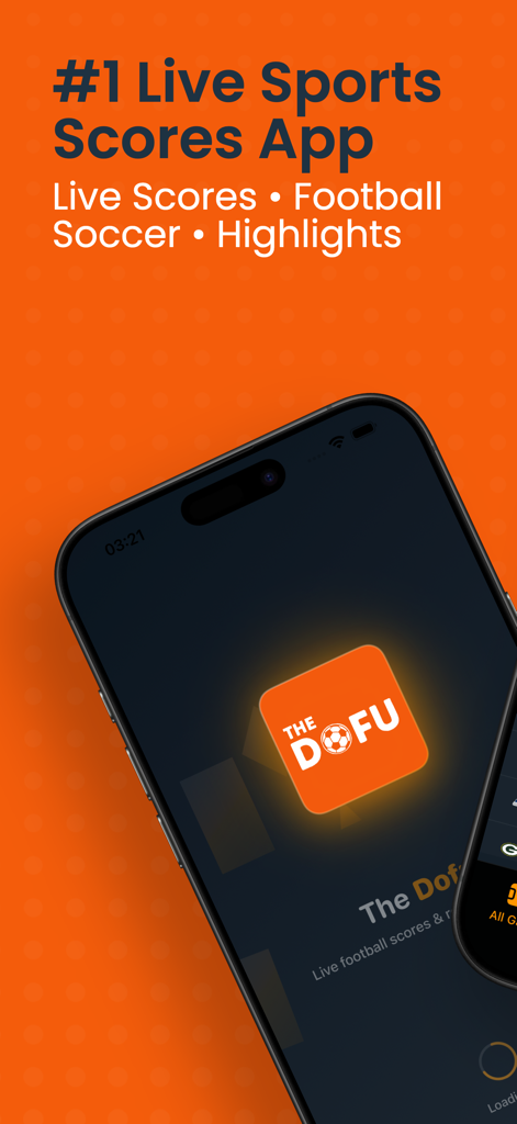 The Dofu - Live Sports Scores - Pantalla de inicio de la aplicación The Dofu en un teléfono móvil con puntuaciones deportivas en vivo y resúmenes de fútbol.