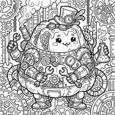 Discover a whimsical world where gelatinous goo meets intricate machinery in this captivating Steampunk Pudding Monster coloring page. Prepare to bring vibrant life to a charmingly bizarre creation adorned with brass, cogs, and steam.