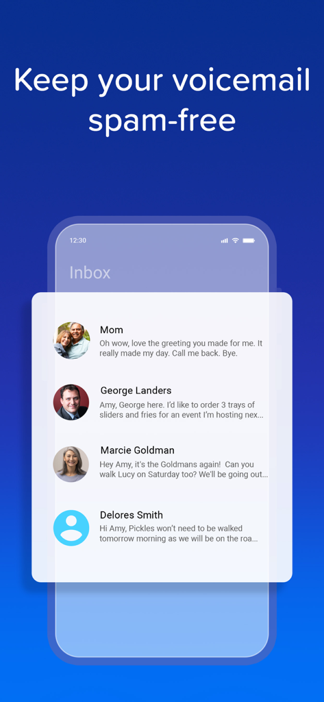 YouMail: Block Spam on iPhone - A screenshot of the YouMail app showing a clean visual voicemail inbox with messages from legitimate contacts instead of spam