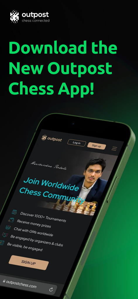 Outpost Chess - Tela promocional do aplicativo Outpost Chess mostrando recursos como descoberta de torneios e acesso à comunidade global