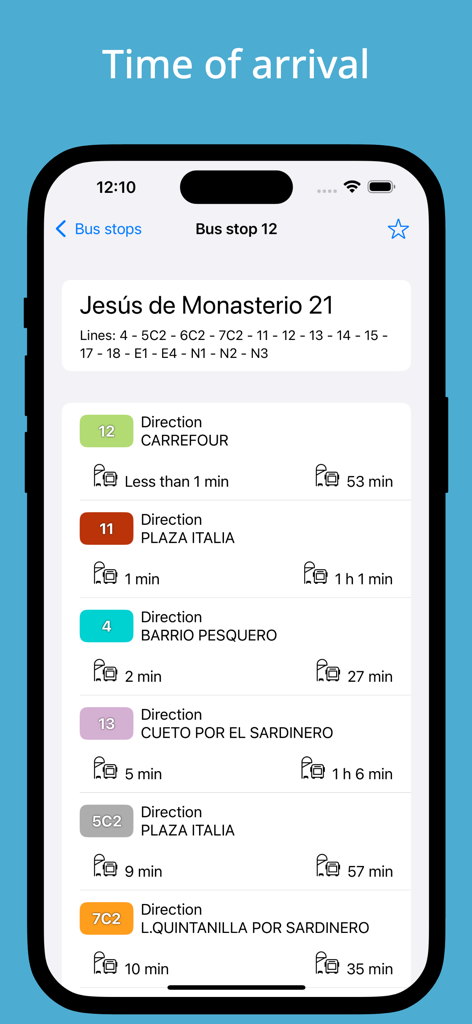 TUS - Santander buses - Pantalla de smartphone que muestra tiempos de llegada de autobuses en tiempo real y cuentas regresivas de espera para el sistema de autobuses TUS Santander.